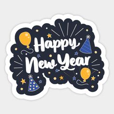 a happy new year sticker with balloons and stars in the shape of a speech bubble