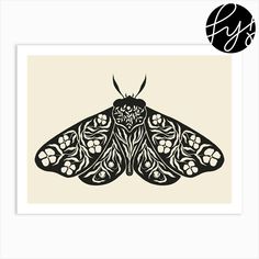 a black and white drawing of a moth with ornate designs on it's wings