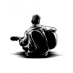 a man sitting on the ground playing an acoustic guitar, black and white illustration by person