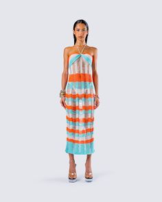 A knit moment is always a slay 🧡 Leave a little bit to the imagination, while also staying comfy in this midi dress - Made from an open knit, and complete with adjustable straps, striped colors, and a fitted strapless style, making it the perfect look for all your summer activities 😏 Leave little to the imagination -- dress is sheer & undergarments are not included 👀 Knit Spaghetti Straps Beach Dress, Chic Striped Knit Dresses, Striped Knit Dresses For The Beach, Striped Knit Beach Dresses, Cargo Pant, Knit Midi, Knit Midi Dress, Open Knit, Summer Activities