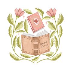 an open book sitting on top of a lush green leafy branch with pink flowers