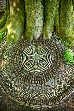 a circular design made out of rocks on the ground next to a tree