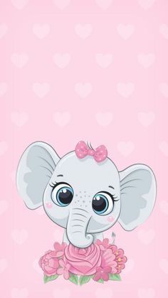 an elephant with a bow on it's head sitting in front of a pink background