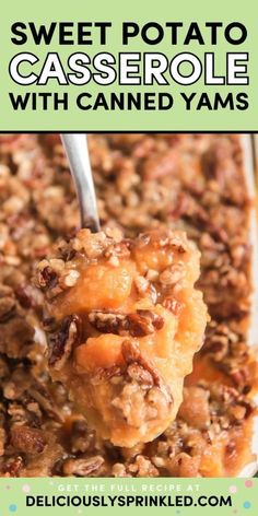 sweet potato casserole with candied yams on a spoon in a bowl