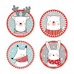 four christmas stickers with animals wearing sweaters and reindeer antlers on their heads