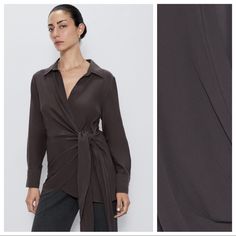 Nwt. Zara Cotton Gray Lapel Collar Blouse With V-Neckline, Long Sleeves, Asymmetric Hem, Front Knot Closure. Size Xs. Ref. 7563/249. Pit To Pit 20" Flat, Shoulders 16", Sleeves 23", Length 30". 1009. Elegant V-neck Blouse For Layering, Elegant Wrap Top For Layering, Elegant Fitted Blouse With Surplice Neckline, Formal Wrap Top For Fall, Formal Fall Wrap Top, Elegant Surplice Neckline Blouse For Night Out, Versatile Fitted Wrap Blouse, Zara V-neck Formal Tops, Elegant Zara Tops For Layering