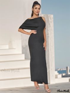 Olivia Mark - Seductive One-Shoulder Short-Sleeve Bodycon Backless Dress Formal Summer Stretch One Shoulder Dress, Formal Bodycon One Shoulder Dress For Summer, Summer Formal Bodycon One Shoulder Dress, Summer Evening Stretch One Shoulder Dress, Evening Stretch Off-shoulder Bodycon Dress, Evening Off-shoulder Stretch Bodycon Dress, Off-shoulder Stretch Bodycon Evening Dress, Summer Evening Bodycon One Shoulder Dress, Elegant Stretch Bodycon Dress With Cold Shoulder