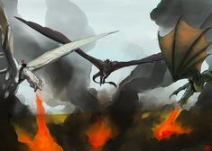 two dragon like creatures are flying through the air with their wings spread out, and fire is coming from behind them