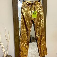 New Year’s Pants! Never Worn Trendy High Waist Gold Pants, Metallic Straight Leg Pants With Five Pockets, Gold Straight Pants For Workwear, Gold Straight Pants For Work, Trendy Gold Wide Leg Pants, Trendy Gold Wide-leg Bottoms, Gold Straight Leg Pants For Work, Gold High-waisted Pants For Workwear, Gold High-waisted Pants For Work