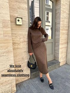 The seamless knitted suit is a unique combination of comfort and style. Thanks to the seamless technology, the suit fits perfectly to the figure, providing freedom of movement and pleasant tactile sensations. This suit is not only comfortable to wear, but also looks elegant, emphasizing the natural lines of the body. A Line Suit, Brown Knit Dress, Style Midi Skirt, Seamless Knitting, Knitted Skirt, Knitted Suit, Brown Suits, Womens Sweater, Mass Production