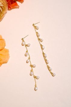 Add a touch of graceful elegance to your bridal look with the Whispering Pearl Drop Earrings! These stunning dangle earrings feature freshwater pearls delicately hanging from a fine gold chain, creating a perfect balance of timeless beauty and modern sophistication. Why do we love them? They’re the perfect blend of chic and classic beauty, making them a must-have for your special day! EARRING FEATURES Material: Brass, Freshwater Pearls Dimensions/Size: 3.2" drop Finish: Polished 14k Gold Plating Bridal Look, Classic Beauty, Pearl Drop Earrings, Pearl Drop, Bridal Looks, Gold Plating, Timeless Beauty, Gold Chain, Gold Chains