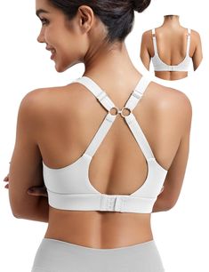 PRICES MAY VARY. Support Level - This maximum support high-Impact sports bra is made for go-to HIIT, yoga,high intensity workout and running. Comfortable all day wear to the Gym to work everywhere. Material - 76%n Nylon, 24% spandex. The material feels extremely nice on the skin, No wires digging into you. Comfortable - Firm fit, supportive, soft feeling, comfortable, moisture wicking, Versatile, Breathable. Adjustable Straps - Clasp back for adjustability. You can wear it in 2 different ways. R Wireless Sports Bra, Sports Bra Design, Supportive Sports Bras, High Impact Sports Bra, Sport Bra Top, White Sports Bra, High Intensity Workout, Soft Cup, Intense Workout