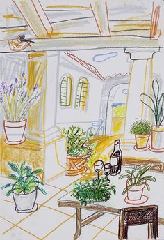 a drawing of a living room with potted plants