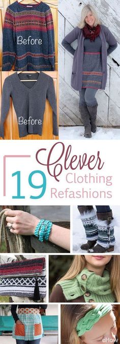 a collage of different sweaters and scarves with text overlay that reads 19 clever crochet clothing refashions