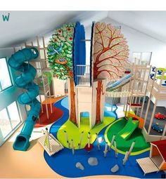 the children's play area is decorated with colorful slides