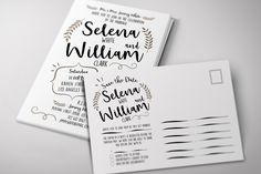 two white wedding cards with black lettering on the front and back, sitting next to each other