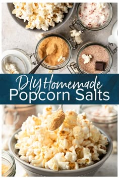 the ingredients for homemade popcorn salt in bowls