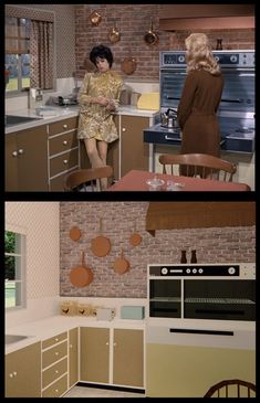 two women are standing in the kitchen and one is sitting at the table with an oven