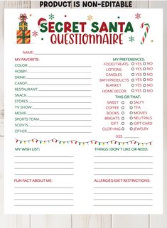 a printable secret santa question sheet with christmas lights and presents on the table in front of it