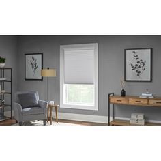 a living room with gray walls and white blinds