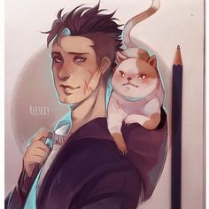 a drawing of a man with a cat on his shoulder and a pencil next to him