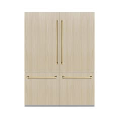 a white refrigerator freezer sitting inside of a wooden cabinet with two gold pulls on it's doors