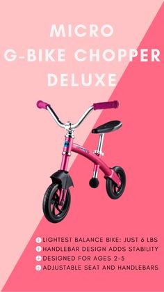 a pink bicycle with the words micro g - bike chopper deluxe