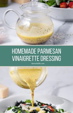 homemade parmesan vinaigrete dressing being drizzled over salad