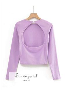 Women Purple Cutout back Long Sleeved Cropped top T-shirt Scoop Neck Tops With Thumbholes For Spring, Casual Fitted Tops With Cutout Back, Fitted Casual Tops With Cutout Back, Casual Fitted Top With Cutout Back, Spring Stretch Tops With Cutout Back, Guts Tour, Table S, Top T Shirt, Solid Clothes