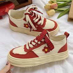 Little Red Flower Colorblock Canvas Shoes Red Flower, Canvas Shoes, Red Flowers, Color Blocking, Spring Summer, Lace, Canvas, Flowers, Red