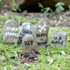 some tombstones that have been placed in the grass with words written on them,