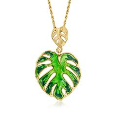 Ross-Simons - Italian Green Enamel Palm Leaf Pendant in 14kt Yellow Gold. Here's a lush style from Italy to breathe new life into your jewelry wardrobe. Vivid green enamel makes our palm leaf pendant come alive, beautifully crafted in textured and polished 14kt yellow gold. Single bale fits up to a 1.5mm chain, sold separately. Green enamel palm leaf pendant. Green Enamel Jewelry With Black Enamel, Green Enamel Jewelry With Polished Finish, Jewelry Wardrobe, Green Enamel, Leaf Pendant, Palm Leaf, Palm Leaves, New Life, Favorite Color