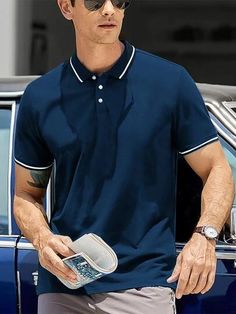 Hombres Camisa polo ribete en contraste | Moda de Mujer | SHEIN México Mens Polo Shirt Outfit, Blue Tshirt Outfit, Polo Outfit Men, Polo Shirt Outfit Men, Polo Shirt Outfits, Polo Outfit, Shirt Outfit Men, Navy Polo Shirt