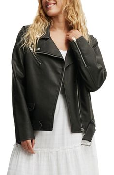 Show off instantly cool style in a moto-inspired faux-leather jacket fashioned with gleaming zip pockets and a belted waist. Asymmetric zip closure Notched collar Chest zip pocket; front zip pockets Attached belt Lined 90% polyester, 7% cotton, 3% viscose with polyurethane coating Spot clean Imported Spring Black Belted Biker Jacket, Belted Black Biker Jacket For Spring, Edgy Black Belted Outerwear, Black Spring Outerwear With Metal Zipper, Spring Black Outerwear With Metal Zipper, Biker Faux Leather Outerwear With Asymmetrical Zip, Trendy Black Belted Leather Jacket, Winter Black Belted Biker Jacket, Punk Style Faux Leather Jacket With Zipper Closure