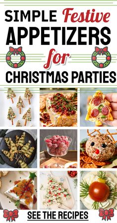 an advertisement for festive appetizers for christmas parties with images of food and decorations