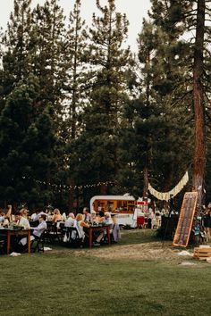 a group of people sitting at picnic tables in front of pine trees with lights strung over them