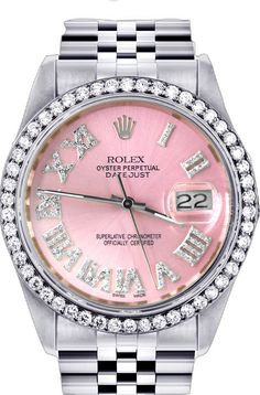 Classic Pink Round Watch, Pink Diamond Watch For Formal Occasions, Pink Round Diamond Watch For Formal Occasions, Luxury Pink Watch For Anniversary, Pink Diamond Watch With Diamond Hour Markers, Pink Watch With Diamond Hour Markers, Pink Round Watches With Subdials, Elegant Pink Watch With Date Display, Rolex Women