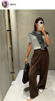 Brown Wide Trousers Outfit, Brown Effortless Pants Outfit, Hospitality Outfit Women, Band Tee Office Outfit, Nyc Work Outfit Business Casual, Trouser Aesthetic Outfit, Outfits With Loose Pants, Lose Pants Outfit Casual Women, Outfits To Wear In The Cold