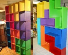 colorful shelves are stacked on top of each other in the same color as they appear to be made out of cardboard