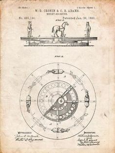 an old paper with drawings of horses and carriages on it's sides, in the middle