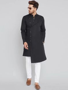 Designer men asymetric black kurta pajama. It is a long indian shirt widely wore in formal occasions Black Straight Kurta For Winter, Black Cotton Sherwani With Long Sleeves, Black Straight Kurta For Diwali, Black Fitted Kurta For Winter, Black Cotton Sherwani For Festive Occasions, Festive Black Cotton Sherwani, Black Long Sleeve Winter Kurta, Winter Black Fitted Kurta, Black Cotton Straight Kurta