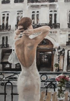 a painting of a woman standing in front of a building looking out at the street