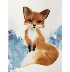 a watercolor painting of a fox sitting on top of a wooden table