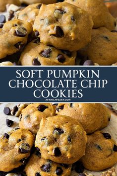 soft pumpkin chocolate chip cookies stacked on top of each other