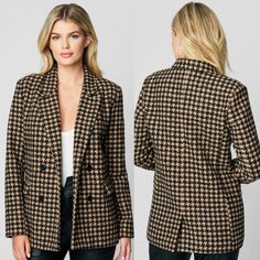 Brand New With Tags. Size Xs. Sold Out Style. Houndstooth Double Breasted Blazer ["80% Polyster 20% Wool, Lining: 97% Polyester 3% Spandex"] ["Dry Clean Recommended"] Fall Business Casual Houndstooth Outerwear, Winter Houndstooth Outerwear For Business Casual, Casual Houndstooth Outerwear For Business, Classic Houndstooth Outerwear For Fall, Tailored Houndstooth Outerwear For Winter, Winter Double-breasted Houndstooth Tweed Jacket, Trendy Houndstooth Blazer For Fall, Trendy Fall Houndstooth Blazer, Tailored Black Outerwear With Houndstooth Pattern