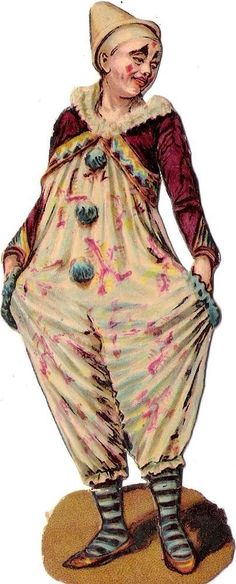 an old fashion illustration of a woman in a clown costume with her hands on her hips