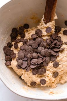 a bowl filled with batter and chocolate chips