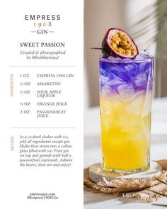 an image of a cocktail with fruit on the side and text describing it's ingredients