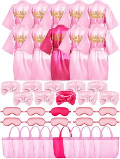 pink satin robes and blindes with gold foil lettering on the front, along with matching accessories