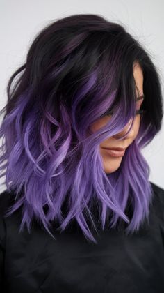 Purple Hair Dye Ideas For Brown Hair, Purple And Black Ombre Hair, Lavender Hair On Dark Hair, Purple Accent Hair Color, Purple Hair With Lavender Front Pieces, Pastel Purple Hair Dark Roots, Purple Color Blocking Hair, Black Hair Lavender Highlights, Dark Brown And Lavender Hair